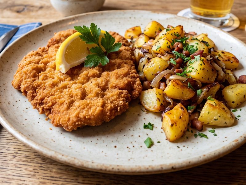 Schnitzel mit Bratkartoffeln auf einem Teller
